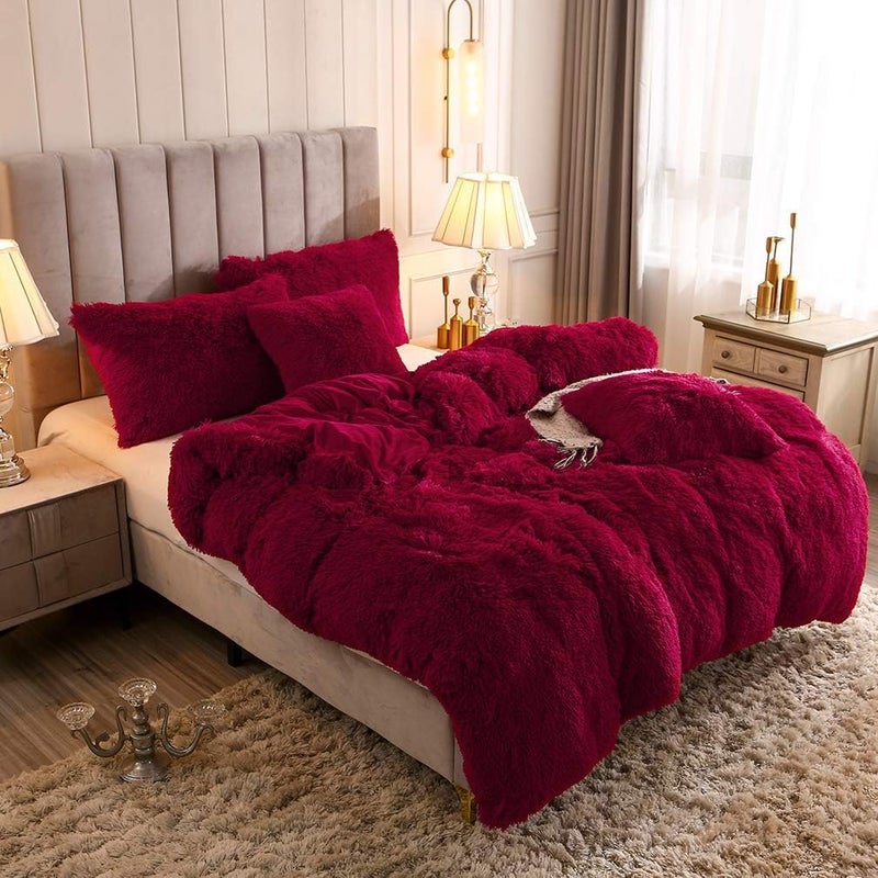 Uhamho Faux Fur Velvet Fluffy Bedding Duvet Cover Set Down Comforter Quilt Cover with Pillow Sham, Ultra Soft Warm (Burgundy, Twin) - Image 3